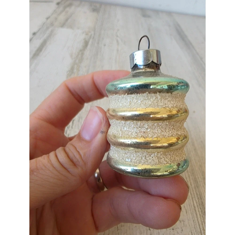 Vintage shiny Brite barrel Mica green mercury glass ornament made in USA Xmas